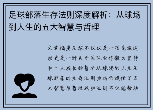 足球部落生存法则深度解析：从球场到人生的五大智慧与哲理