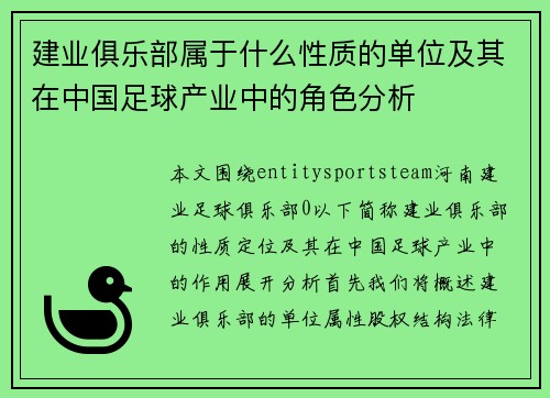 建业俱乐部属于什么性质的单位及其在中国足球产业中的角色分析 建业俱乐部属于什么性质的单位及其在中国足球产业中的角色分析
